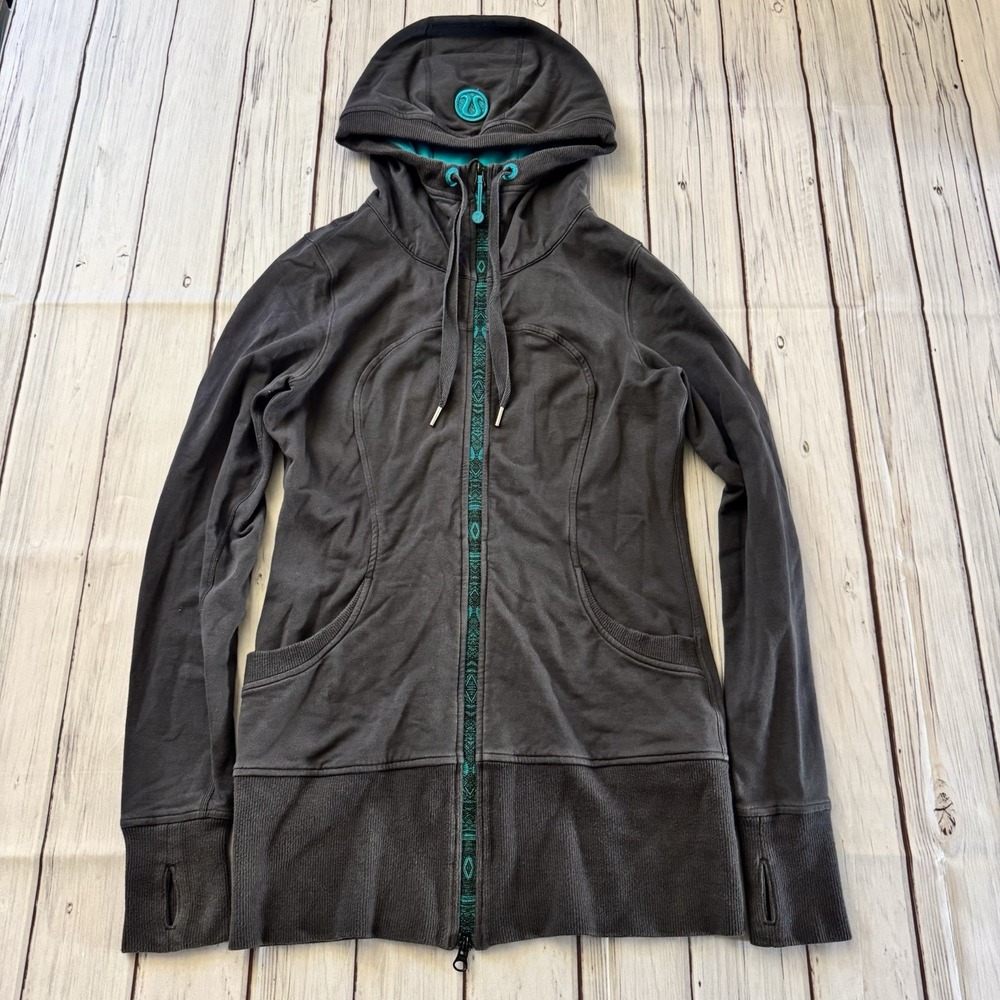 Lululemon Athletica Jacket Live Simply‎ Hoodie Grey Turquoise Zipper Size 8